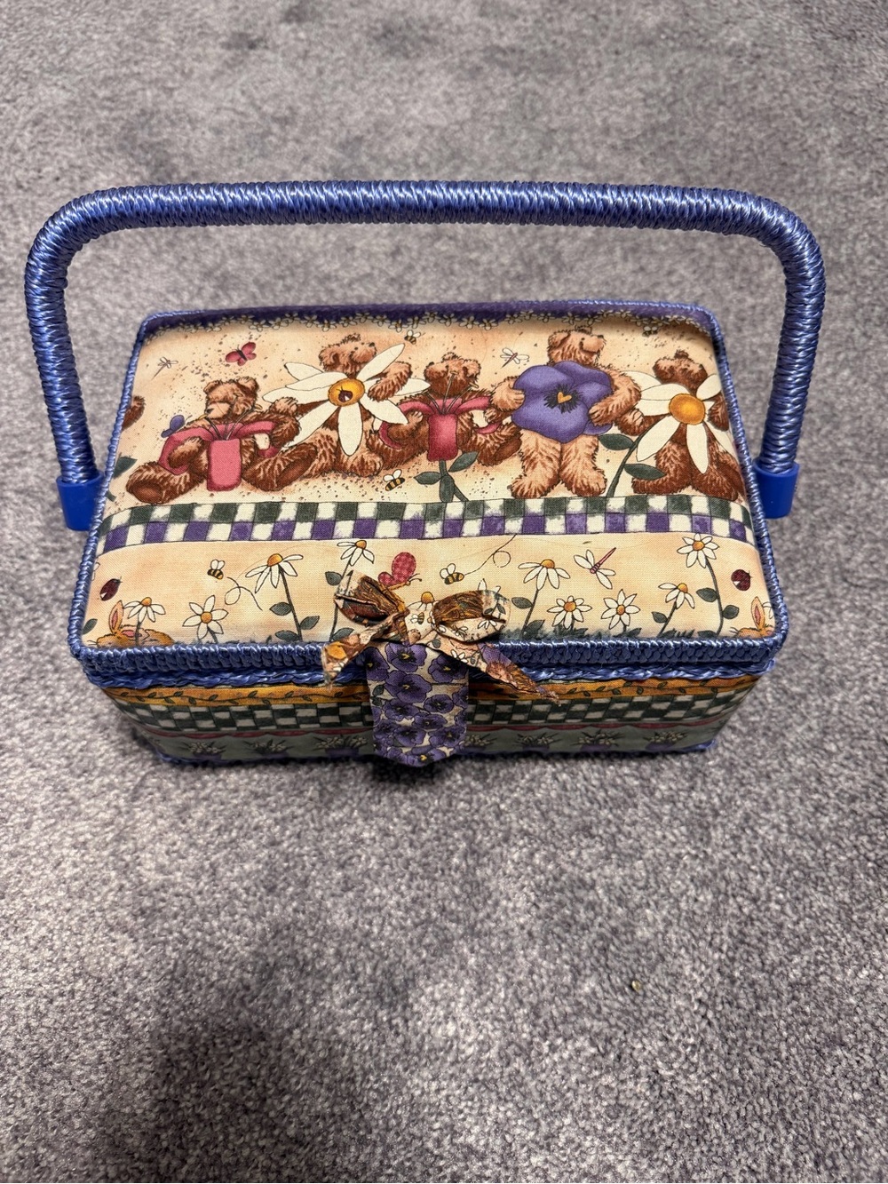 Blue Floral Teddy Sewing Basket
